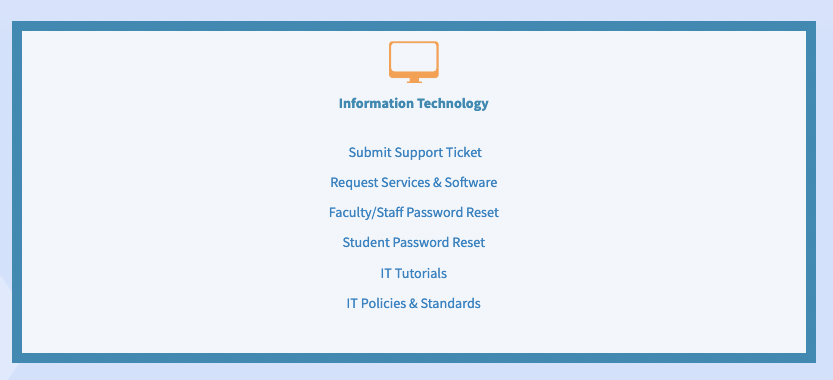 Screen shot of UCR ServiceLink homepage information technology section. Screen shot of UCR ServiceLink homepage information technology section.