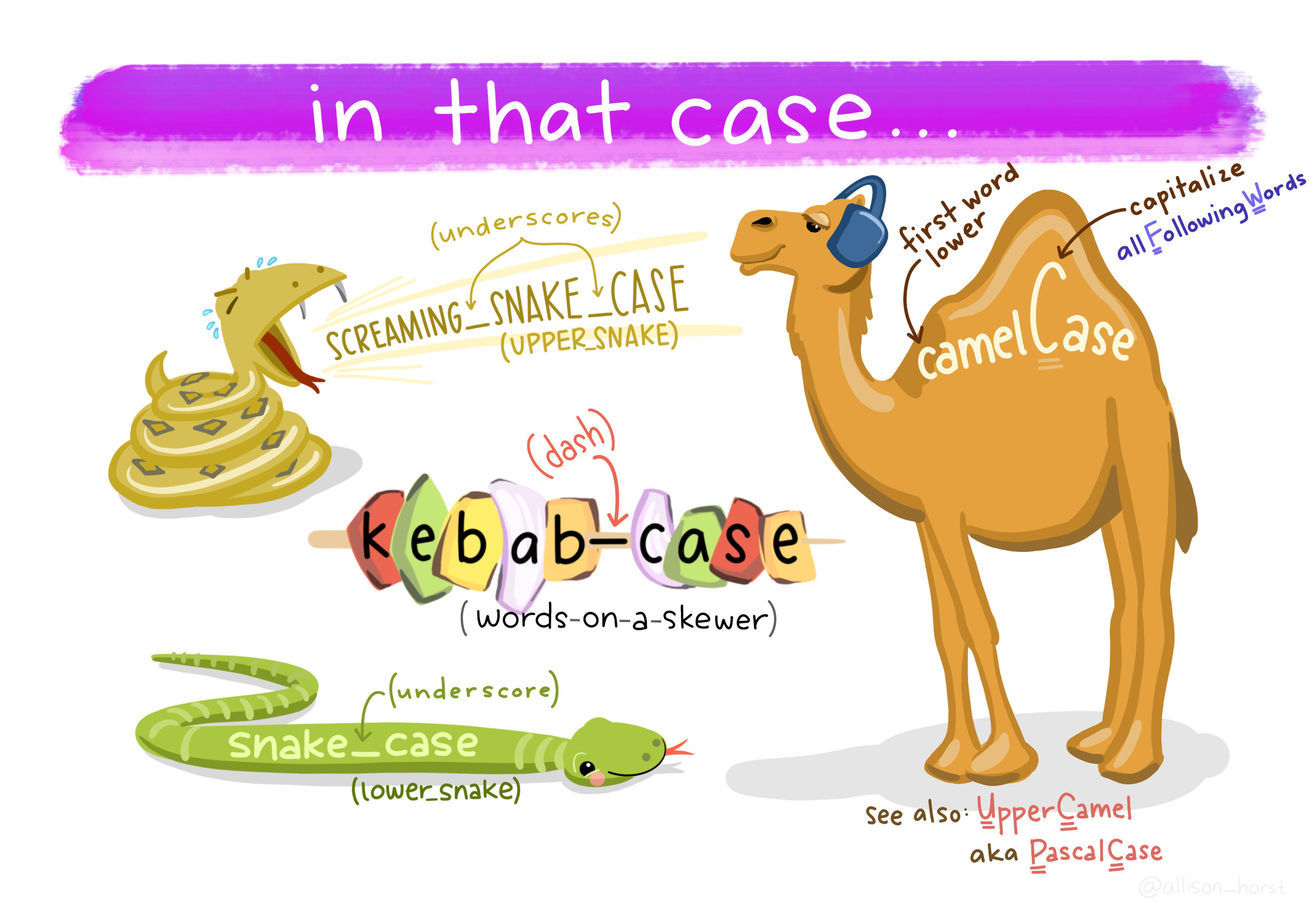 Types of font cases (L to R, clockwise): Screaming Snake Case, Camel Case, Upper Camel, Snake Case, Kebab Case. Art Credit: Dr. Allison Horst, UCSB