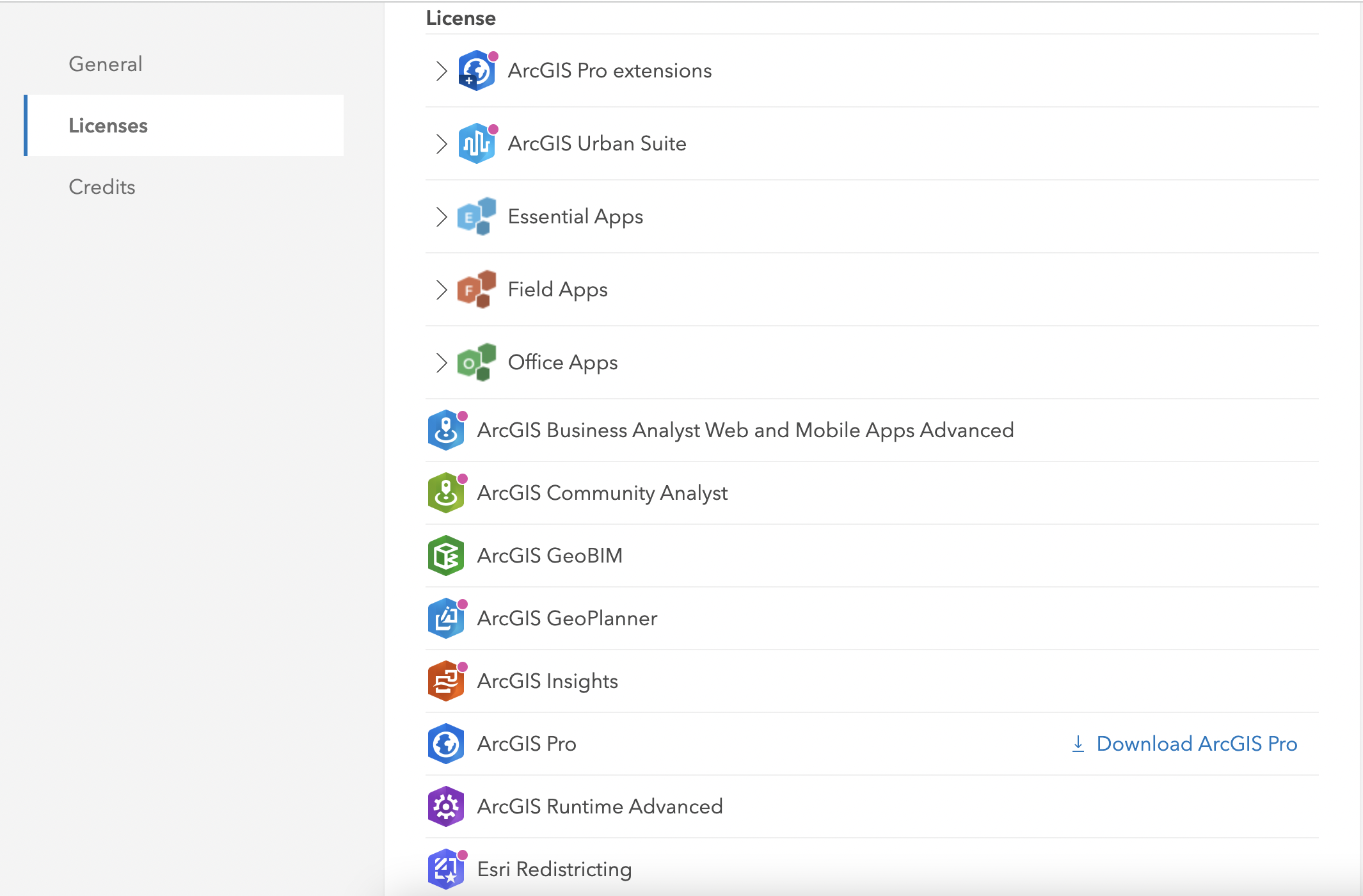 Screen shot of UCR ArcGIS Online and Pro account license options and ArcGIS Pro download button. Screen shot of UCR ArcGIS Online and Pro account license options and ArcGIS Pro download button.