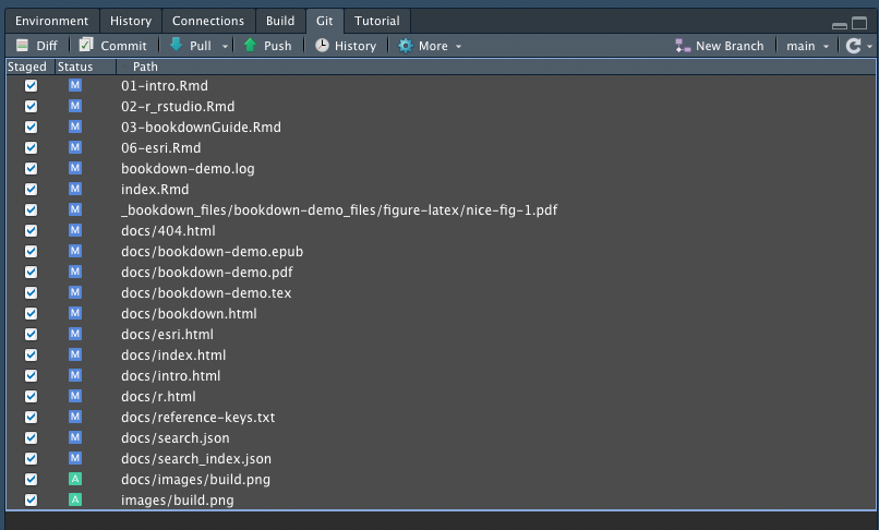 environment panel in RStudio with the build tab selected