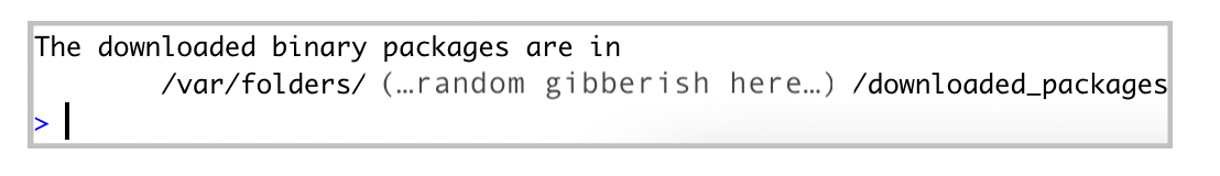 Installation download message in RStudio console that reads The downloaded binary packages are in this file path. Installation download message in RStudio console that reads The downloaded binary packages are in this file path.